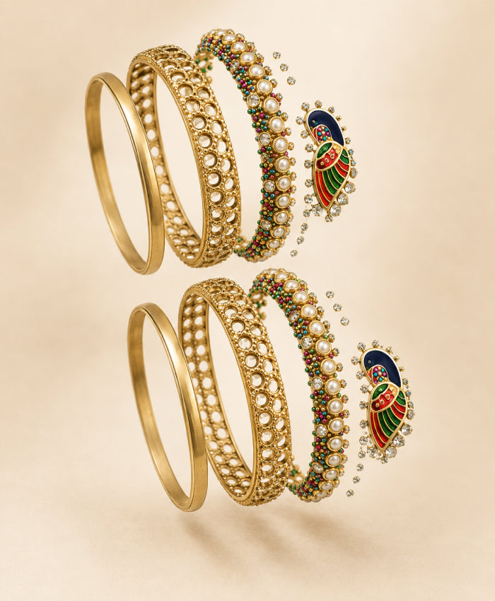 Golden Peacock Kundan-Style Embellished Bangles