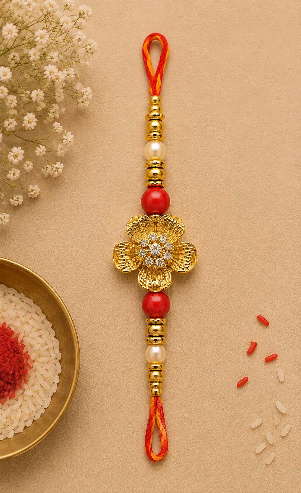 Golden Floral Designer Rakhi with Pearl & Red Beads
