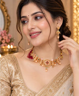 Green & Gold Traditional Designer Necklace Set with Matching Earrings