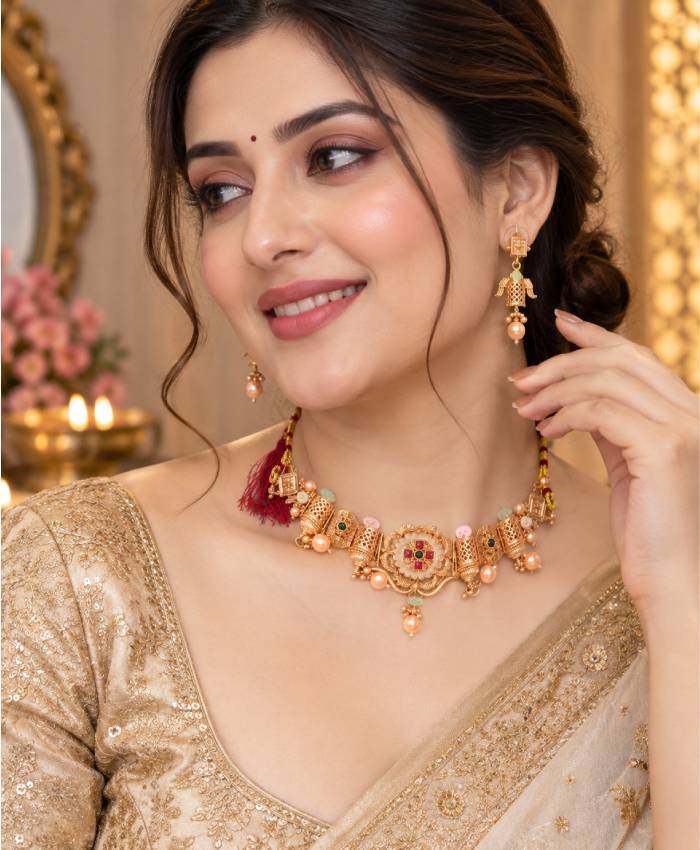 Green & Gold Traditional Designer Necklace Set with Matching Earrings