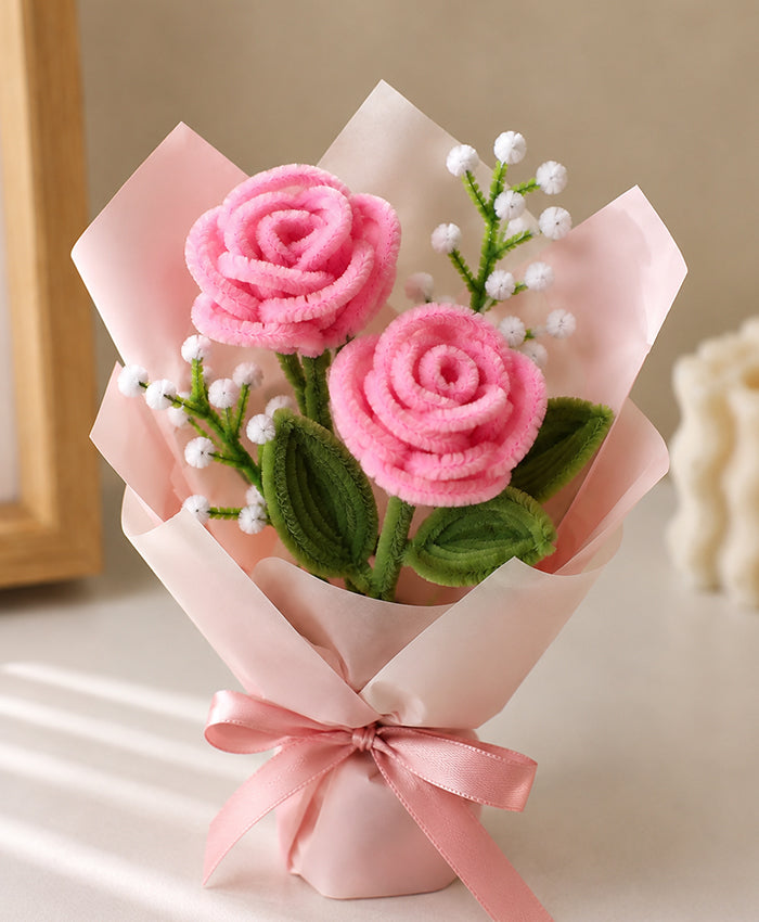 Handmade Pink Rose Bouquet – 2 Pink Roses with White Filler Flowers