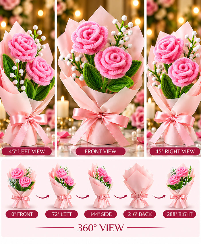 Handmade Pink Rose Bouquet – 2 Pink Roses with White Filler Flowers