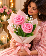Handmade Pink Rose Bouquet – 2 Pink Roses with White Filler Flowers