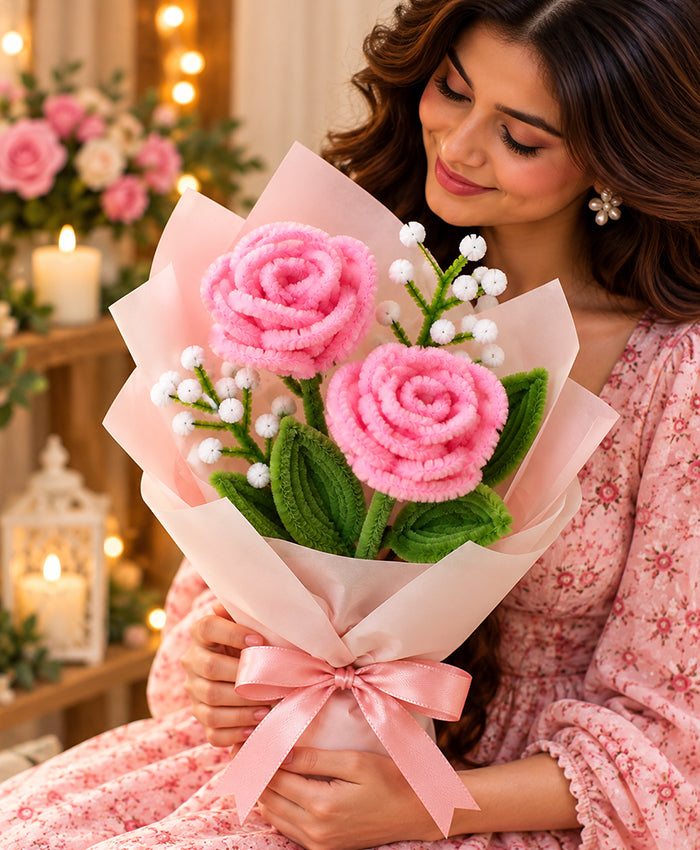 Handmade Pink Rose Bouquet – 2 Pink Roses with White Filler Flowers