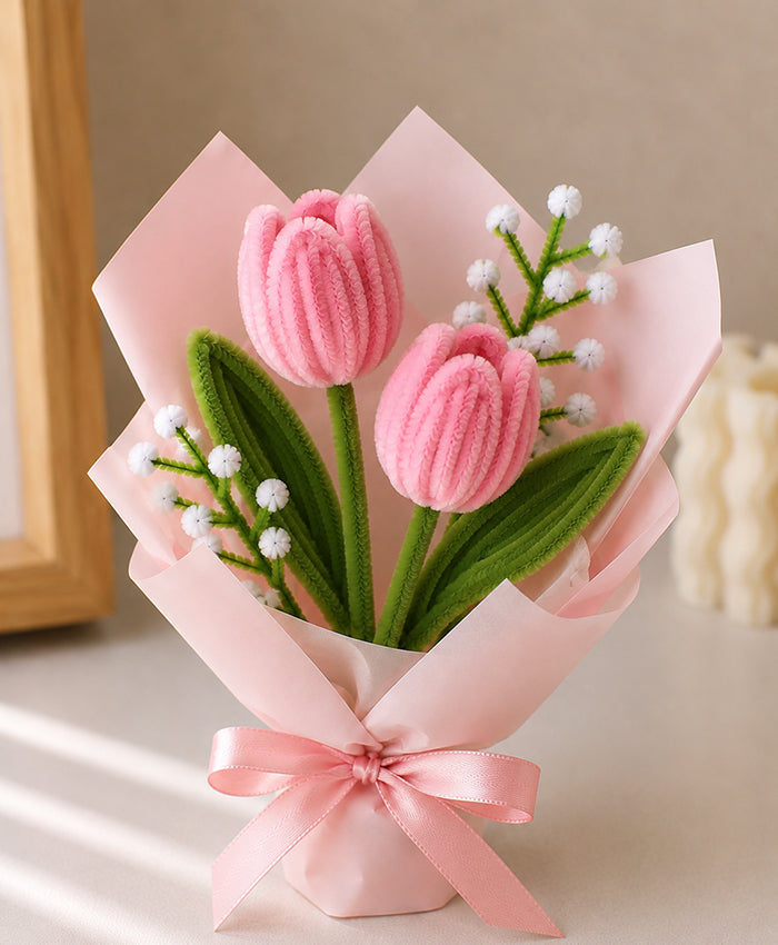 Handmade Pink Tulip Bouquet – 2 Pink Tulips with White Filler Flowers