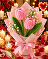 Handmade Pink Tulip Bouquet – 2 Pink Tulips with White Filler Flowers