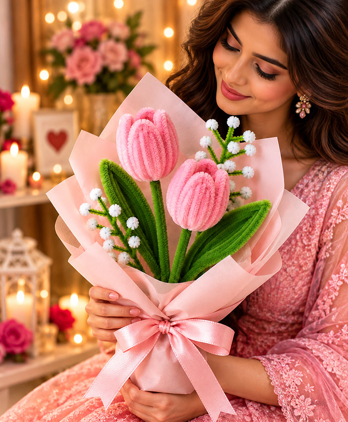 Handmade Pink Tulip Bouquet – 2 Pink Tulips with White Filler Flowers
