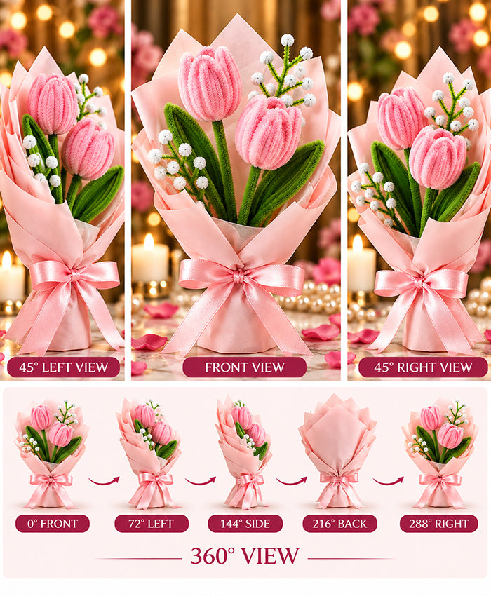 Handmade Pink Tulip Bouquet – 2 Pink Tulips with White Filler Flowers