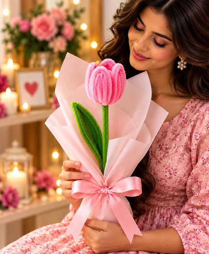 Handmade Pink Tulip Bouquet – Single Pink Tulip with Elegant Pink Wrapping