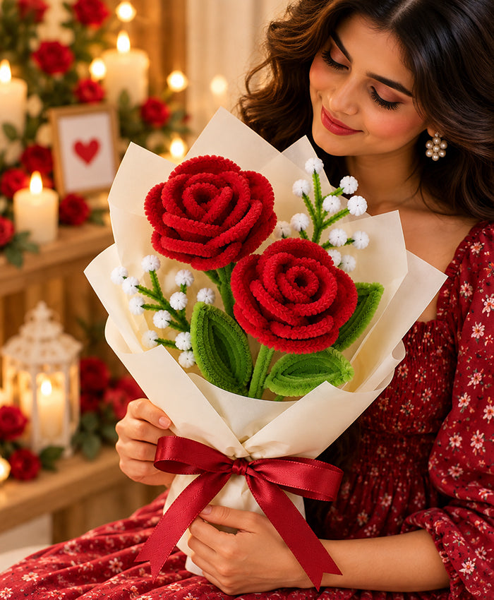 Handmade Red Rose Bouquet – 2 Red Roses with White Filler Flowers