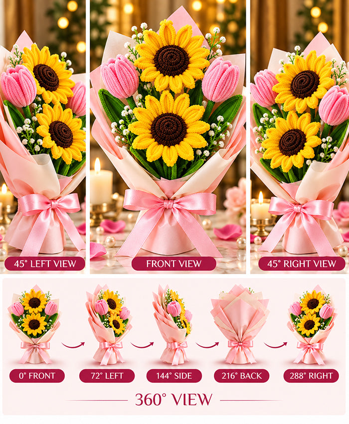 Handmade Sunflower & Pink Tulip Bouquet – 2 Sunflowers with 2 Pink Tulips