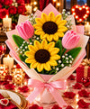 Handmade Sunflower & Pink Tulip Bouquet – 2 Sunflowers with 2 Pink Tulips