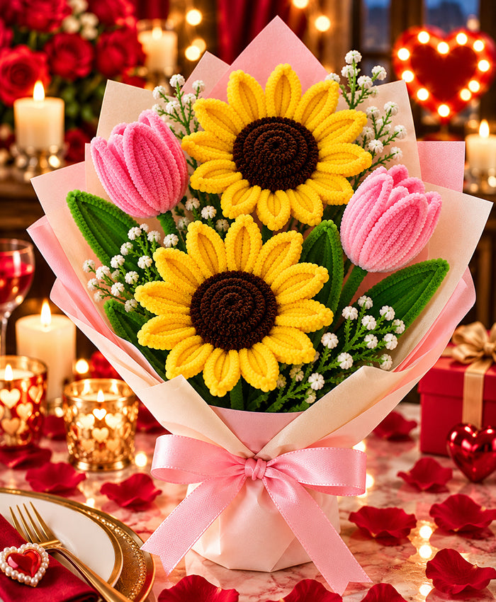 Handmade Sunflower & Pink Tulip Bouquet – 2 Sunflowers with 2 Pink Tulips