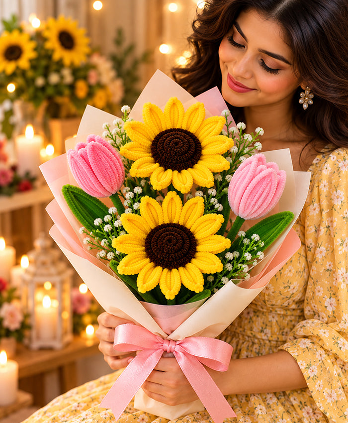 Handmade Sunflower & Pink Tulip Bouquet – 2 Sunflowers with 2 Pink Tulips