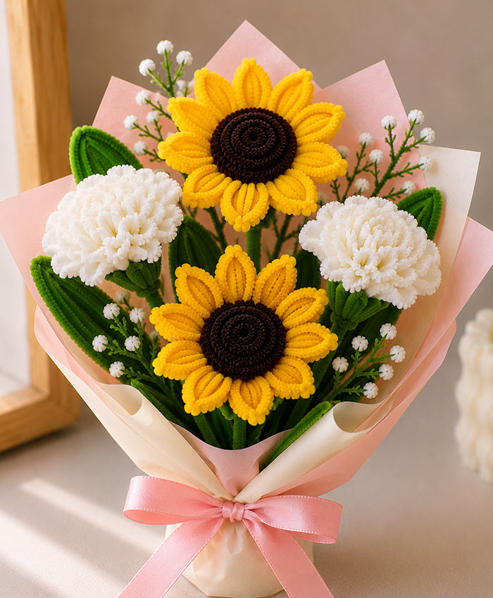 Handmade Sunflower & White Carnation Bouquet – 2 Sunflowers & 2 White Flowers