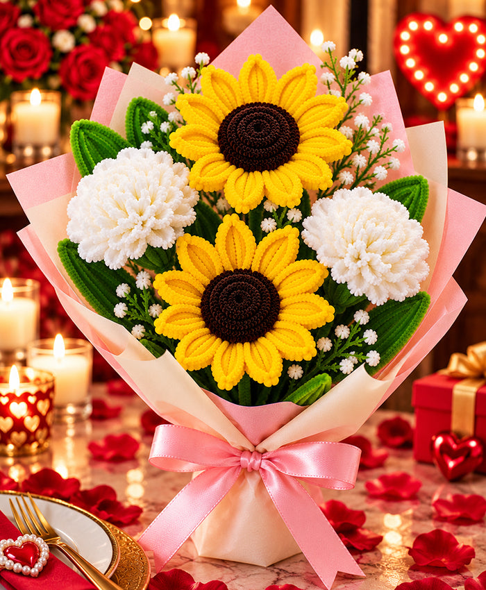 Handmade Sunflower & White Carnation Bouquet – 2 Sunflowers & 2 White Flowers