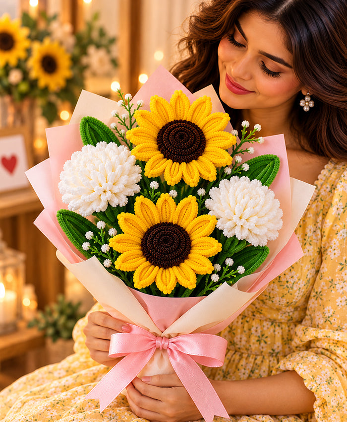 Handmade Sunflower & White Carnation Bouquet – 2 Sunflowers & 2 White Flowers