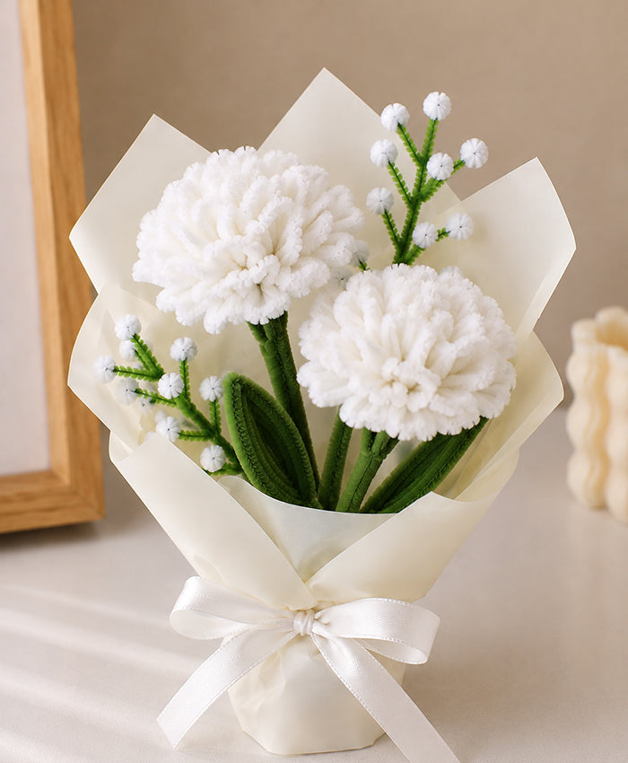 Handmade White Carnation Bouquet – Elegant White Flowers with Filler Blooms