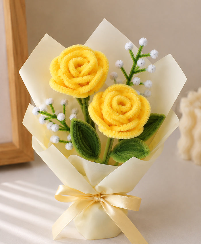 Handmade Yellow Rose Bouquet – 2 Yellow Roses with White Filler Flowers