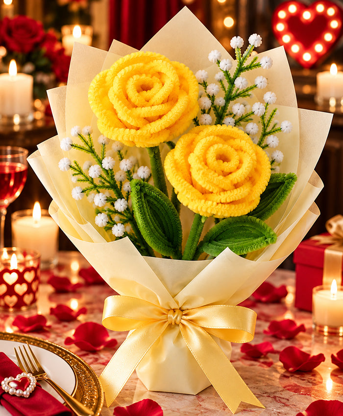 Handmade Yellow Rose Bouquet – 2 Yellow Roses with White Filler Flowers