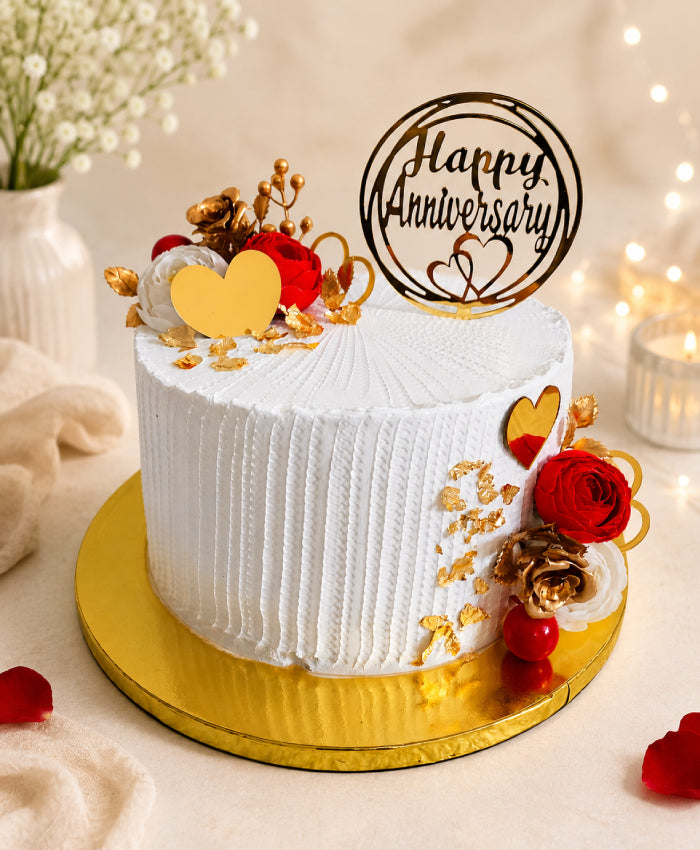 Elegant Happy Anniversary Red Rose Cake with Gold Hearts