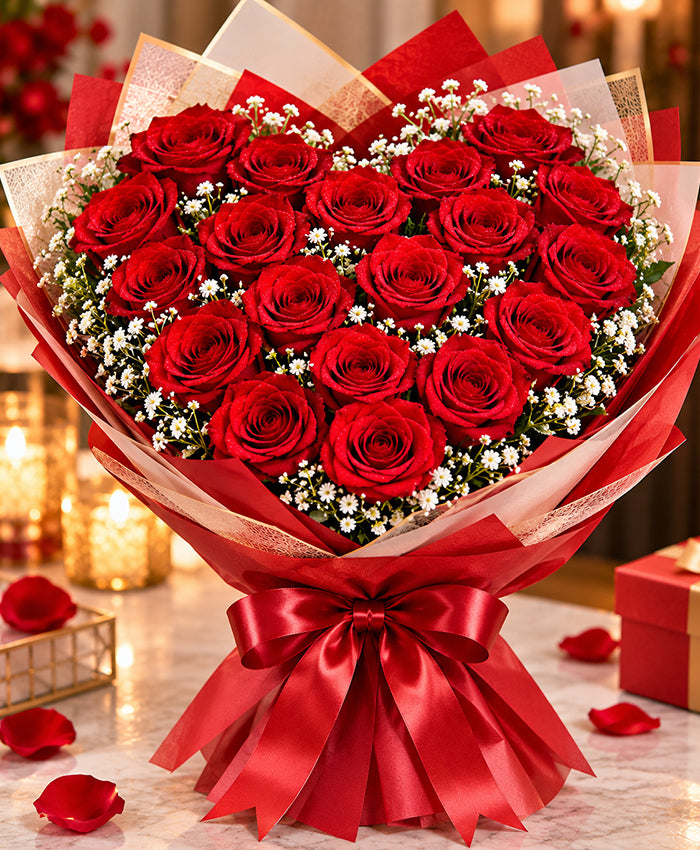 Heart-Shaped Red Rose Bouquet – 20 Red Roses