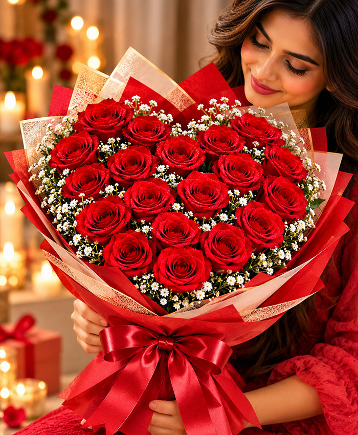 Heart-Shaped Red Rose Bouquet – 20 Red Roses