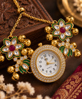 Kashmiri Floral Hand Ornament Watch – Gold-Tone Traditional Hand Watch with Green & Red Floral Detailing
