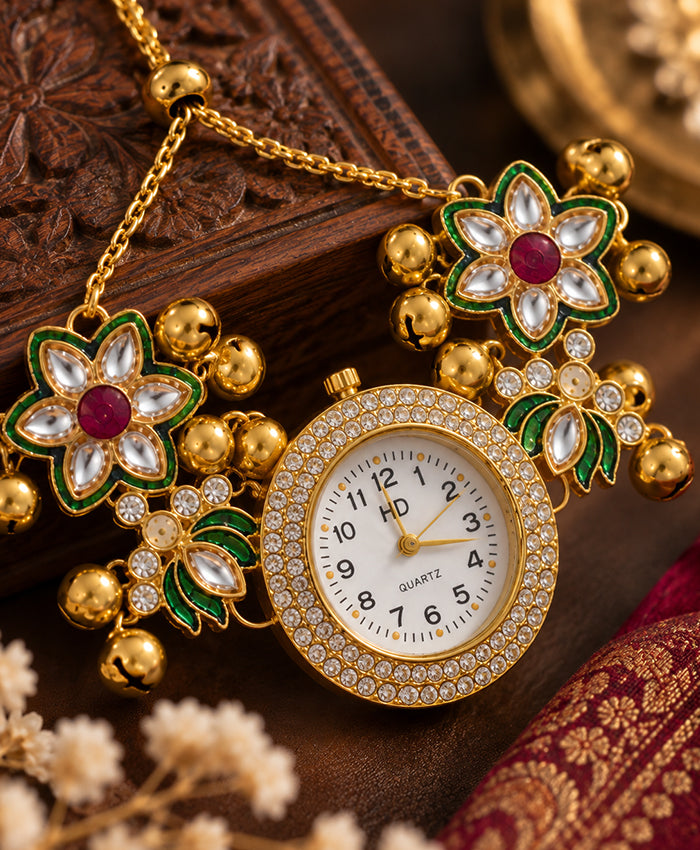 Kashmiri Floral Hand Ornament Watch – Gold-Tone Traditional Hand Watch with Green & Red Floral Detailing