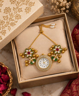 Kashmiri Floral Hand Ornament Watch – Gold-Tone Traditional Hand Watch with Green & Red Floral Detailing