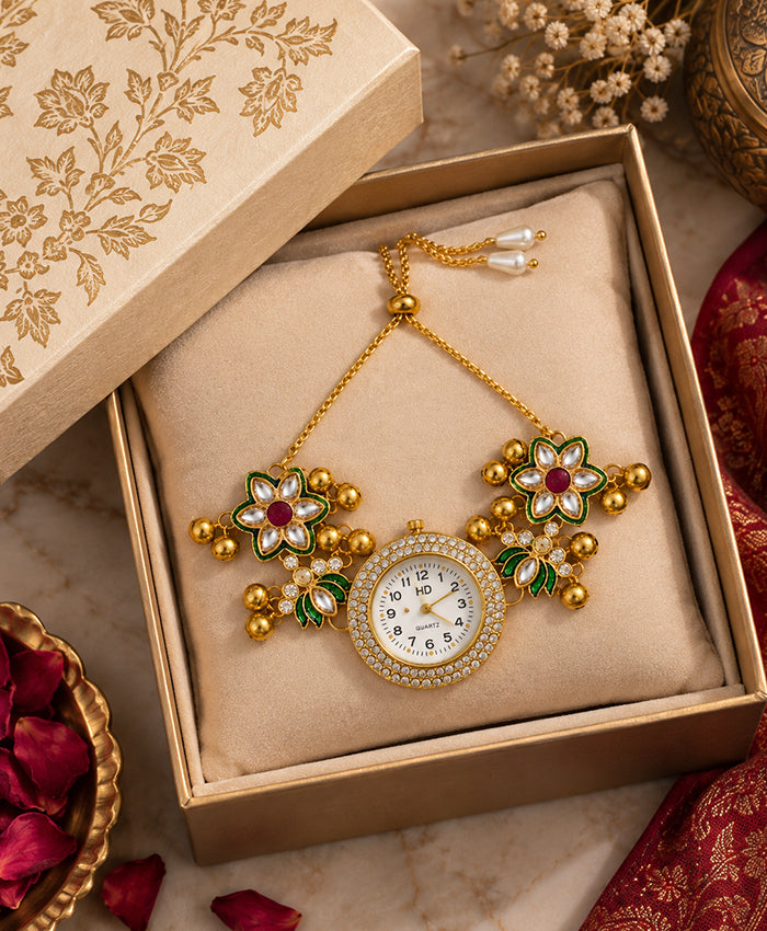 Kashmiri Floral Hand Ornament Watch – Gold-Tone Traditional Hand Watch with Green & Red Floral Detailing
