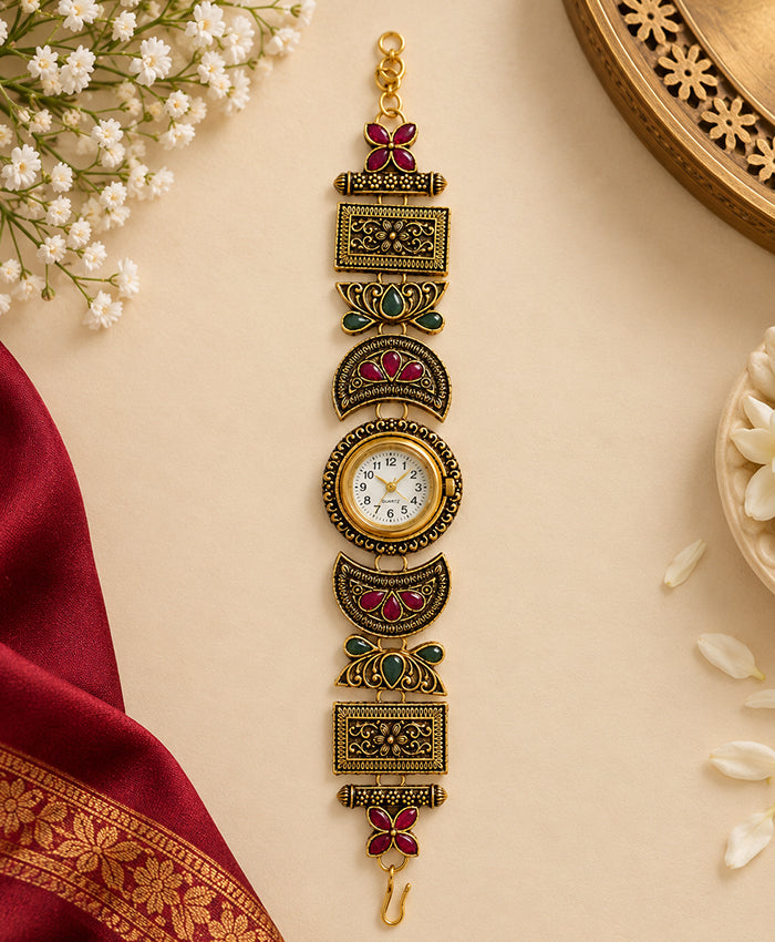 Kashmiri-Inspired Antique Gold-Tone Floral Filigree Bracelet Watch with Red & Green Details