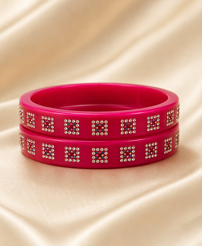 Magenta Pink Crystal Square-Pattern Designer Lac Bangle Set