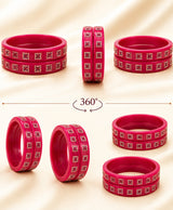 Magenta Pink Crystal Square-Pattern Designer Lac Bangle Set