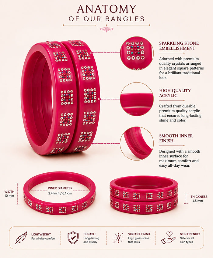 Magenta Pink Crystal Square-Pattern Designer Lac Bangle Set