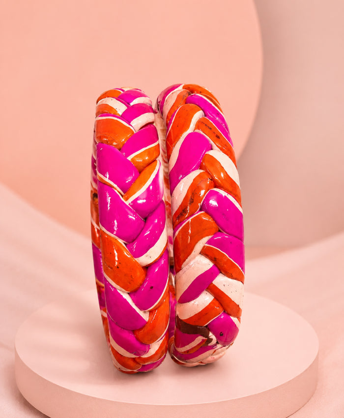 Magenta Orange Braided Enamel Lac Bangles