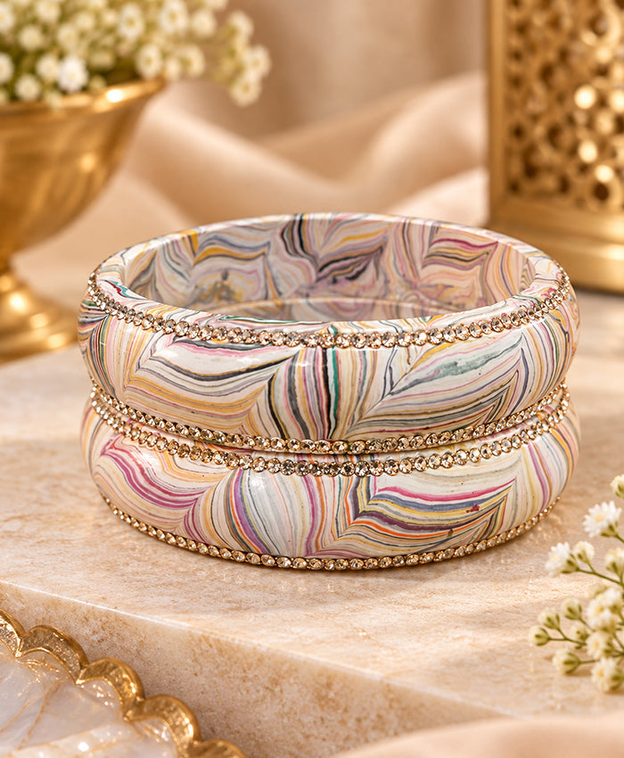 Marble Swirl Crystal-Edged Lac Bangle Set
