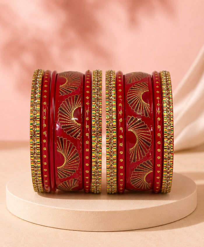 Maroon Gold Fan Motif Lac Bangle Set