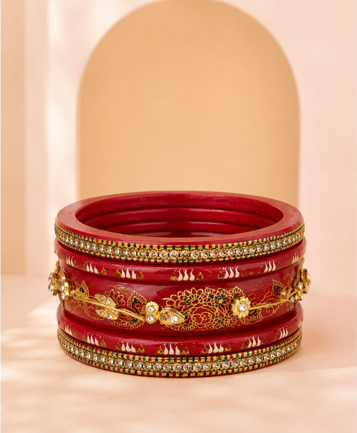 Maroon Gold Floral Crystal Lac Bangle Set