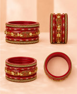 Maroon Gold Floral Crystal Lac Bangle Set