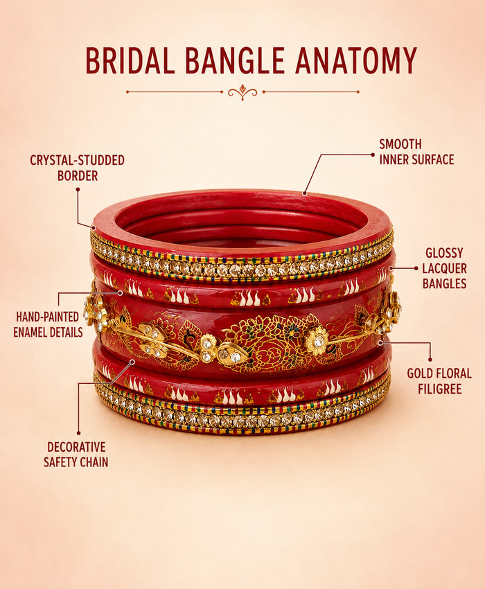 Maroon Gold Floral Crystal Lac Bangle Set