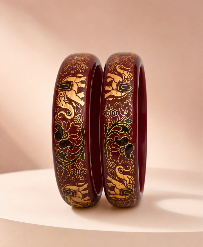 Maroon Gold Floral Enamel Lac Bangles