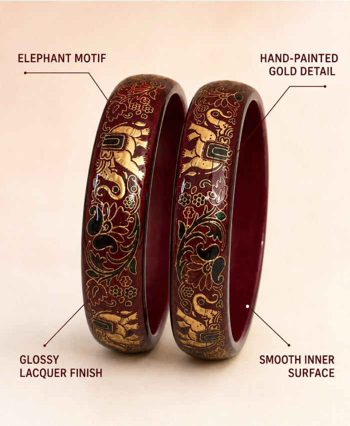 Maroon Gold Floral Enamel Lac Bangles