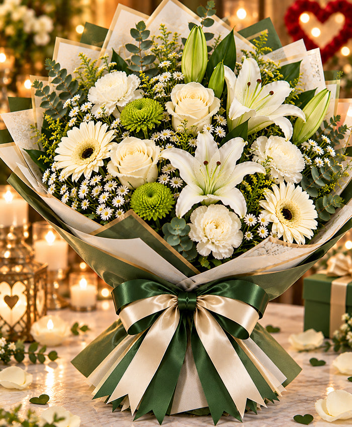 Modern White & Green Bouquet – 12 Flowers