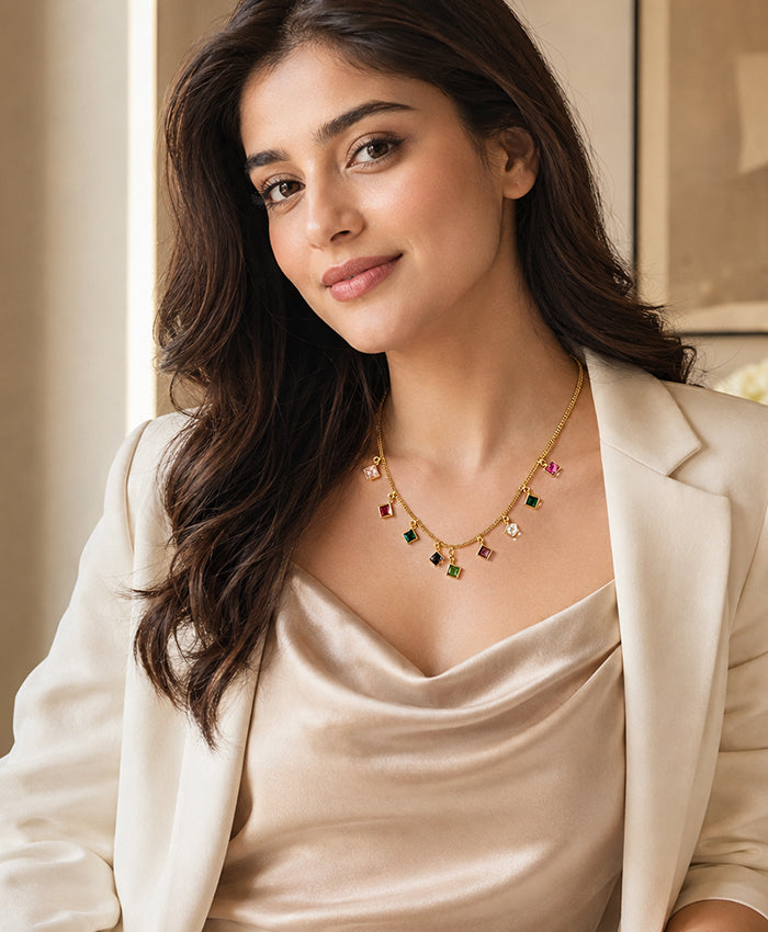 Multicolor Square Charm Gold-Tone Necklace for Women