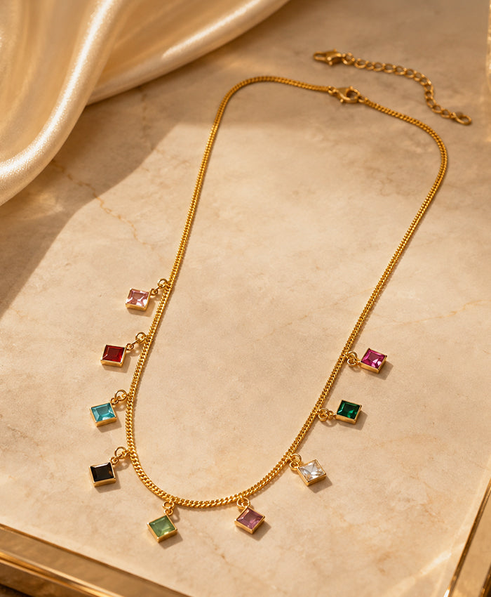 Multicolor Square Charm Gold-Tone Necklace for Women