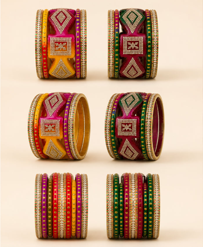 Multicolour Geometric Crystal Statement Lac Bangle Set