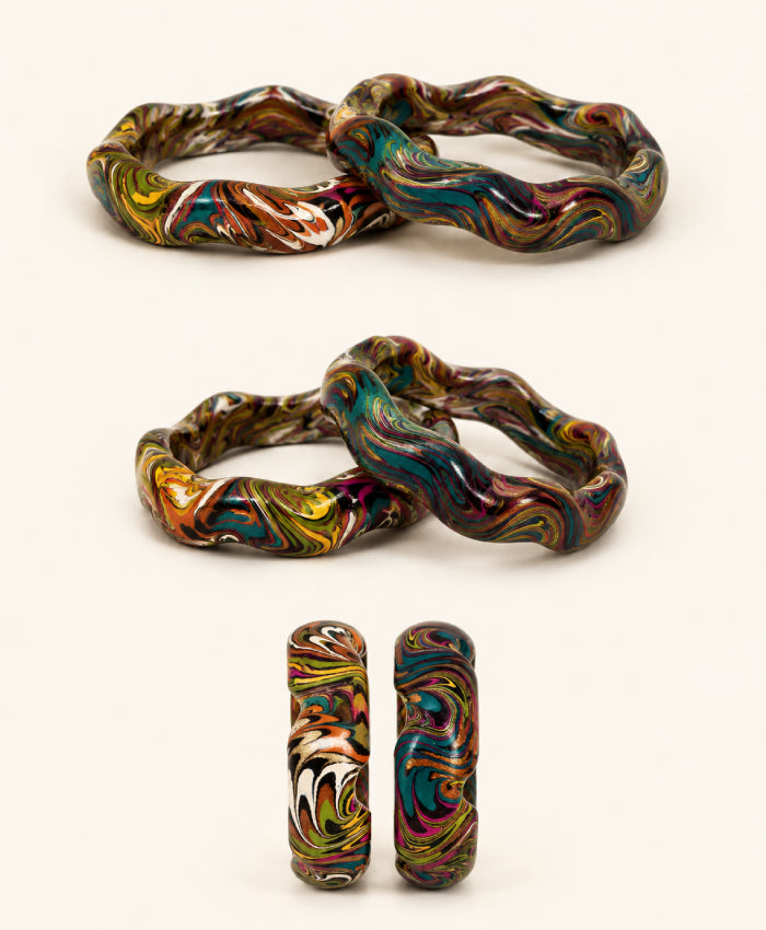 Multicolour Teal Magenta Marbled Statement Lac Bangles
