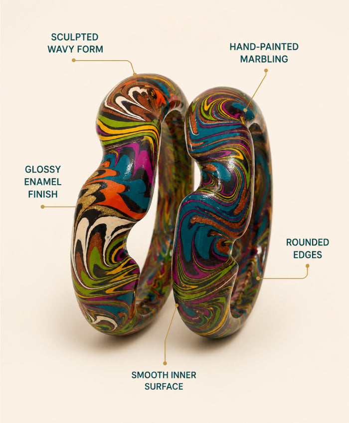 Multicolour Teal Magenta Marbled Statement Lac Bangles