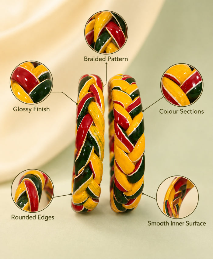 Mustard Green Red Braided Enamel Lac Bangles